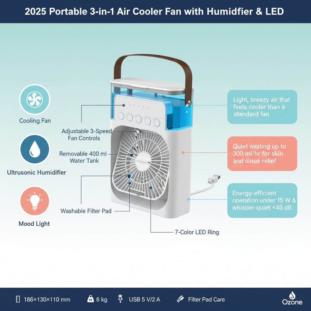 2025 Portable 3-in-1 Air Cooler Fan with Humidifier & LED