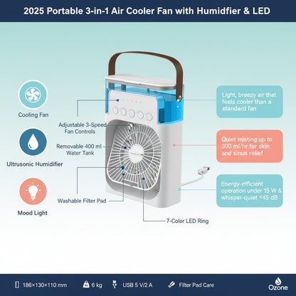 2025 Portable 3-in-1 Air Cooler Fan with Humidifier & LED